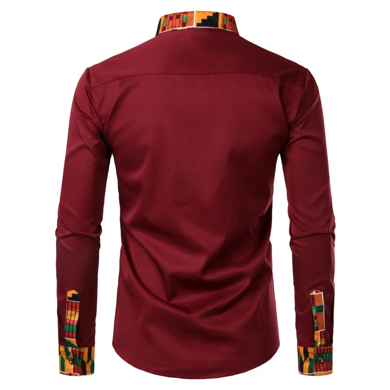 Dashiki African Mens Shirt Patchwork Pocket Africaine Print Shirt Men Ankara Style Long Sleeve Design Collar Mens Dress Shirts