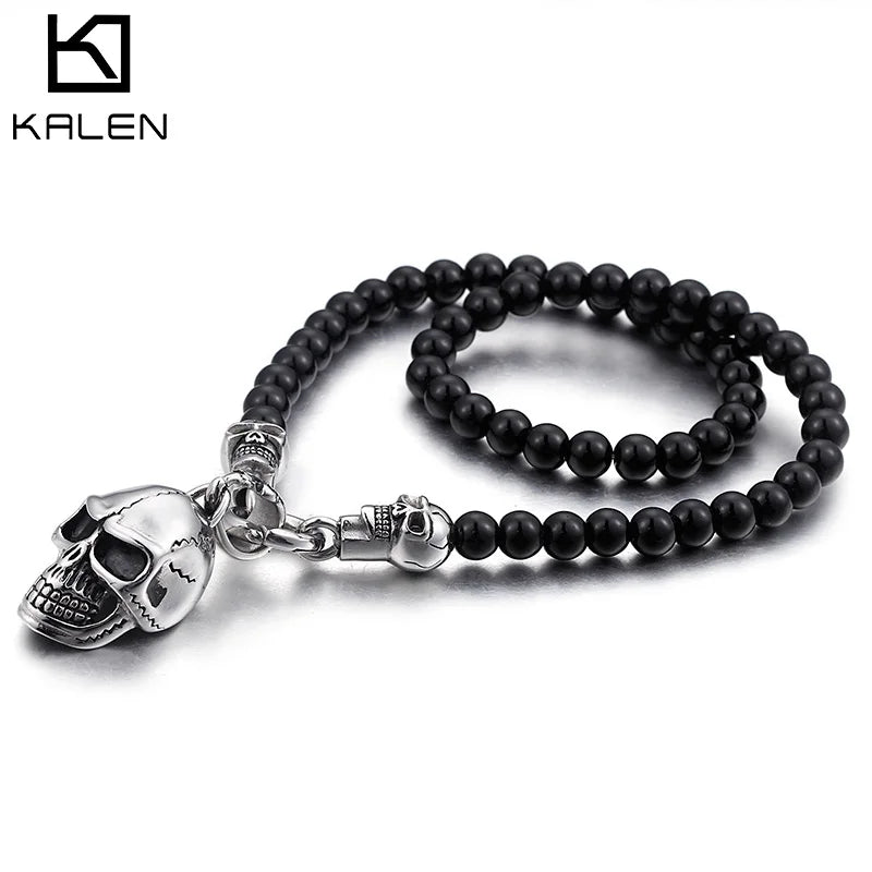 KALEN Men Fine Jewelry Necklace Punk Glass Bead Fashion Necklaces With Stainless Steel Skull Pendant