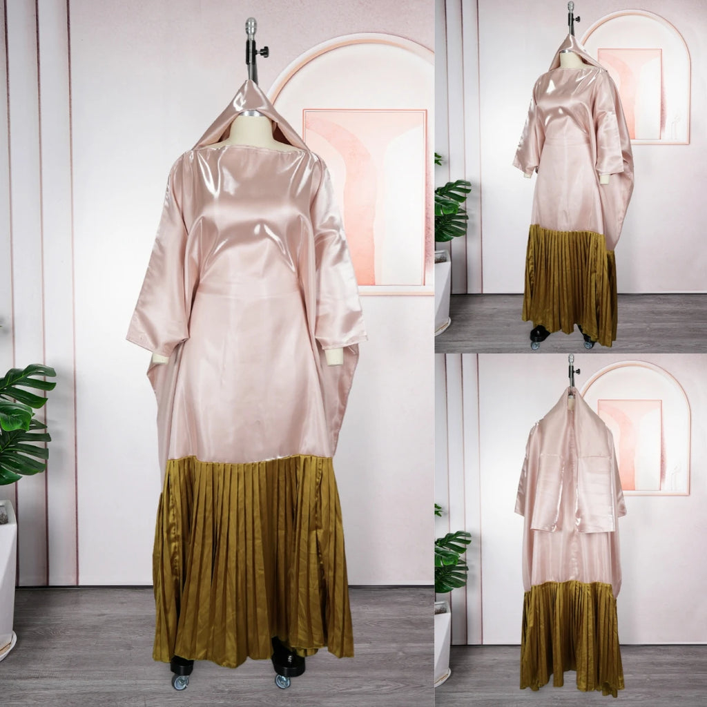 J981 Fashion Plus Size African Kaftan Dresses Color Blocked batwing Sleeve Pleated Long Dashiki Robe Boubou Dress for Women