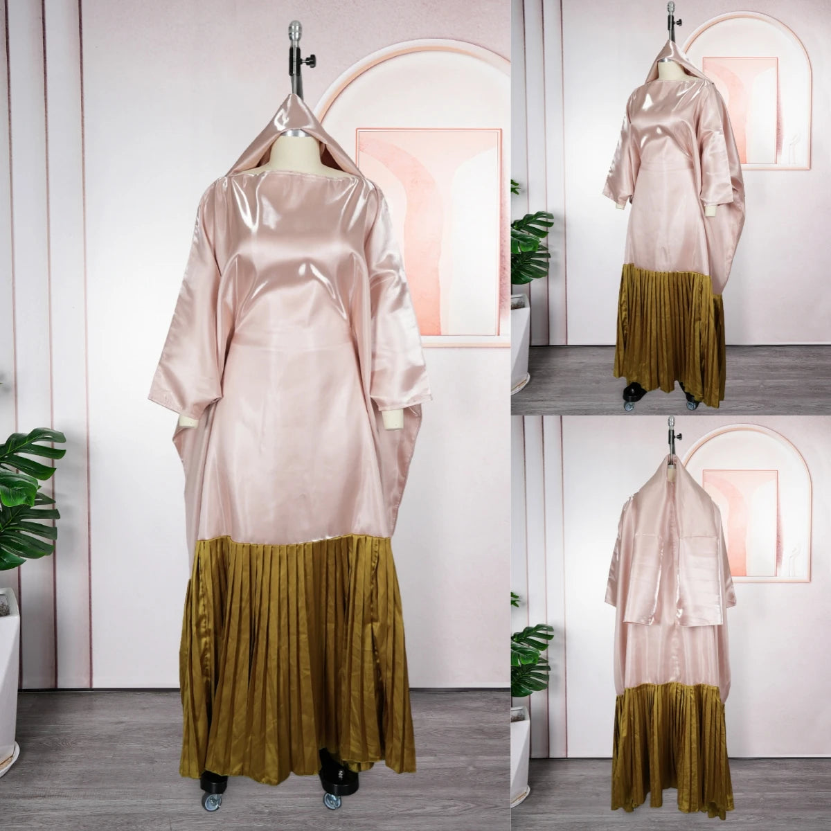 J981 Fashion Plus Size African Kaftan Dresses Color Blocked batwing Sleeve Pleated Long Dashiki Robe Boubou Dress for Women