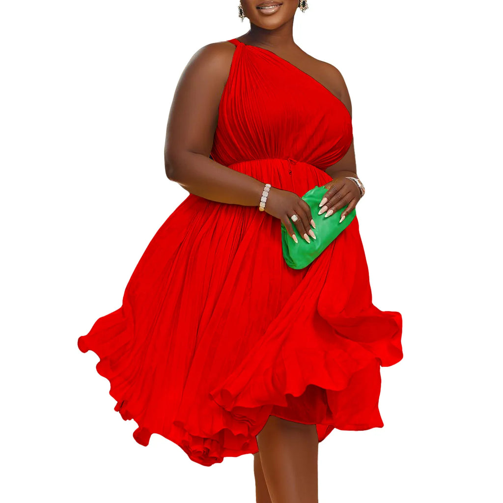 D3208 Latest Design Women Summer Dresses Slash Shoulder Big Swing Strap Pleated Dress Solid African Dresses for Women Clothing