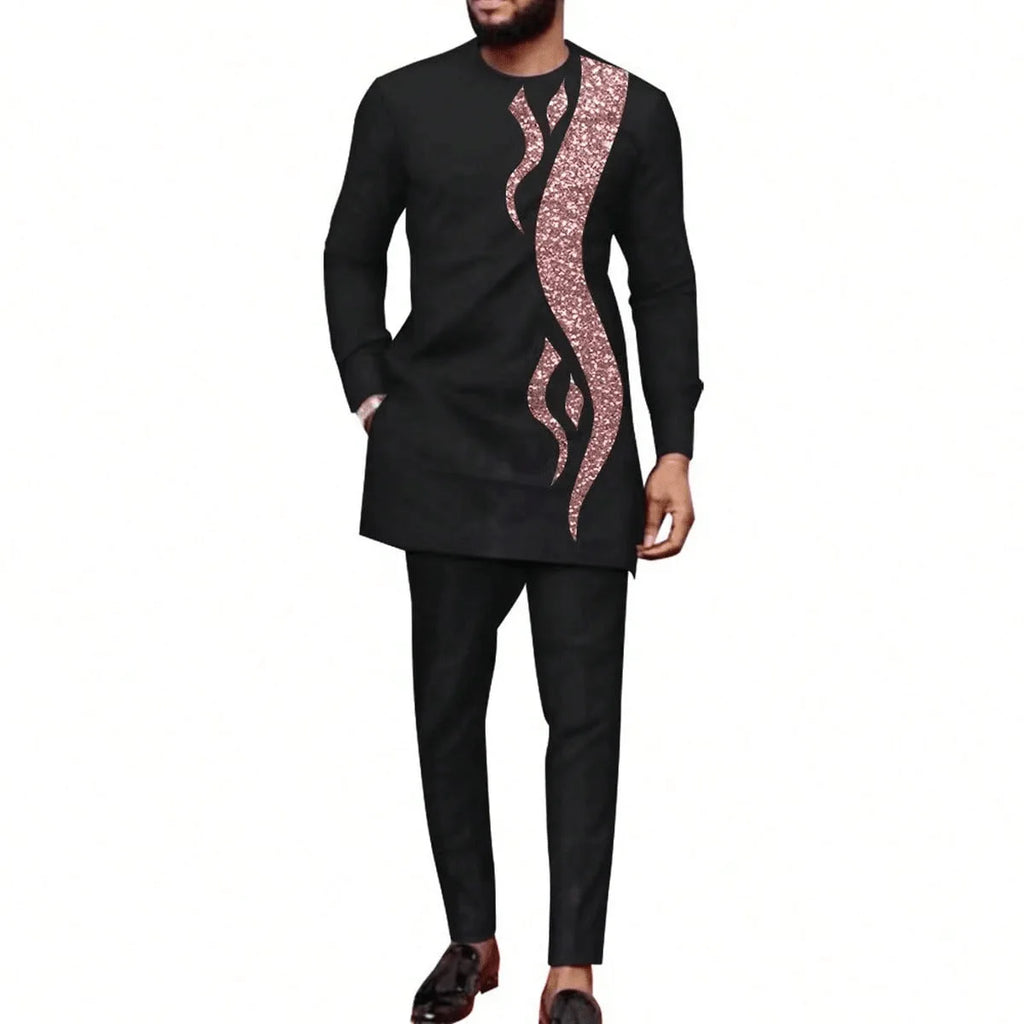 Men's Casual Dress African Ethnic Style Long Sleeved Embroidered Pants Suit Leisure Daily Wear