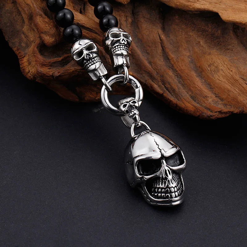 KALEN Men Fine Jewelry Necklace Punk Glass Bead Fashion Necklaces With Stainless Steel Skull Pendant
