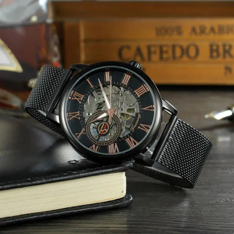 FORSINING 8099 Stylish Gold Gents Mechanism Watch Cool Leather Band World Time Automatic Skeleton Storage Hot Mechanical Watch