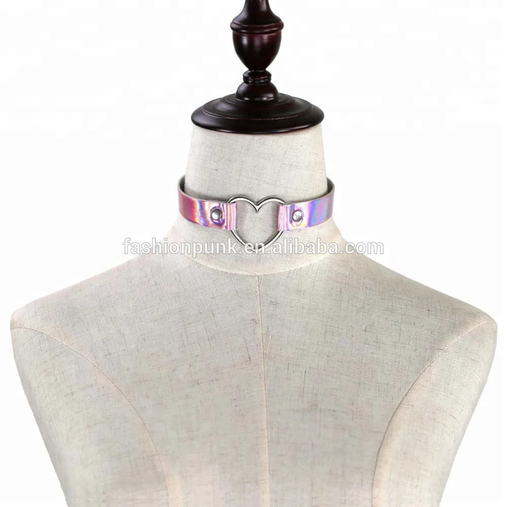 Laser PU Leather Choker Punk Gothic Laser Leather Heart Ring Spike Rivet Snap Button Collar Necklace
