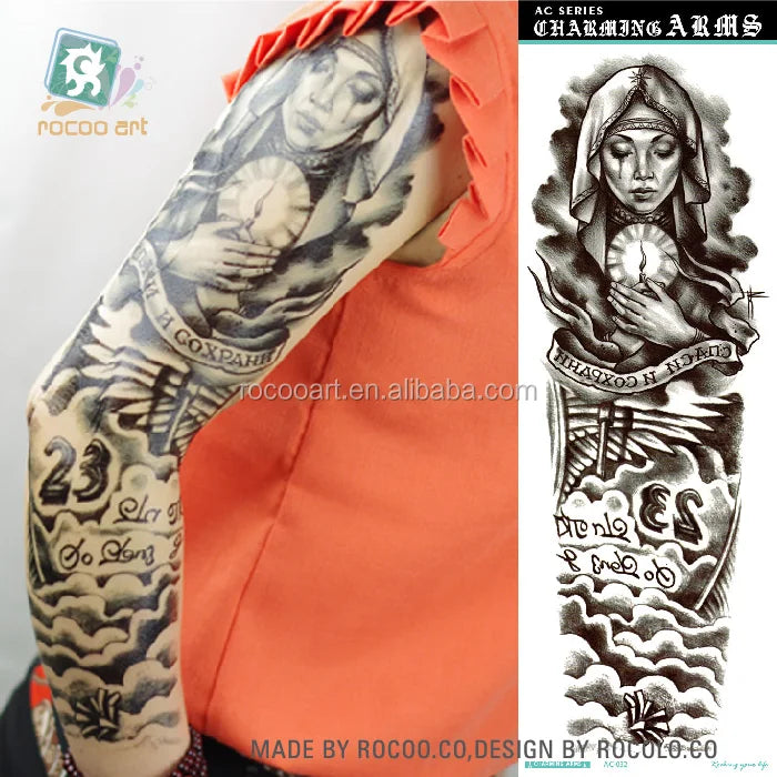 Non-Toxic Women Face Super Big Tattoos Sticker Fake Horror Skull Gun Full Arm Shoulder Temporary Body Tattoo Designs
