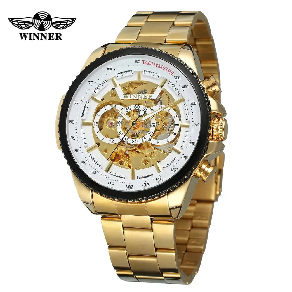 Guangzhou Relogio T Winner OEM Boys Stylish Gold Male  Watches Custom Luxury Mens Skeleton  Automatic Stainless Mechanical Watch