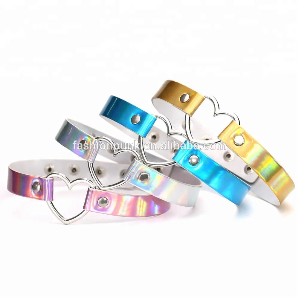 Laser PU Leather Choker Punk Gothic Laser Leather Heart Ring Spike Rivet Snap Button Collar Necklace