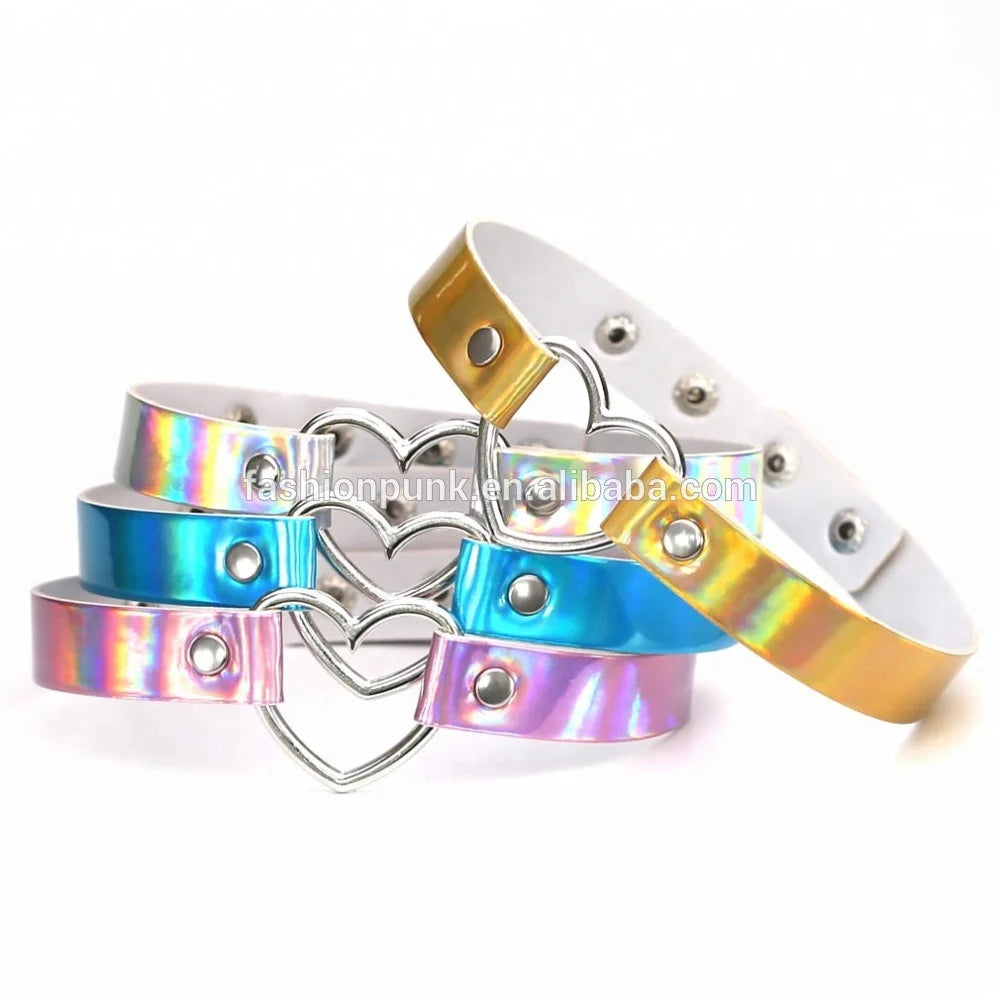 Laser PU Leather Choker Punk Gothic Laser Leather Heart Ring Spike Rivet Snap Button Collar Necklace