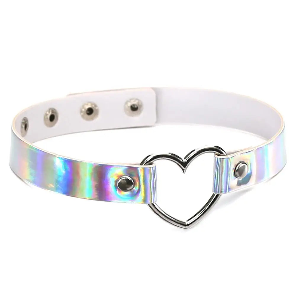 Laser PU Leather Choker Punk Gothic Laser Leather Heart Ring Spike Rivet Snap Button Collar Necklace
