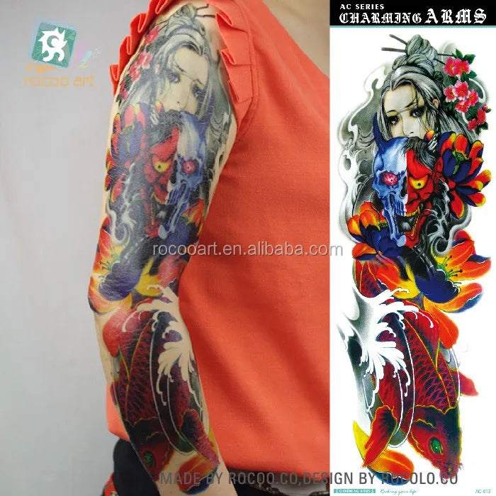 Non-Toxic Women Face Super Big Tattoos Sticker Fake Horror Skull Gun Full Arm Shoulder Temporary Body Tattoo Designs
