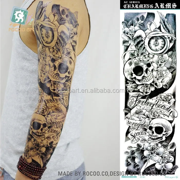 Non-Toxic Women Face Super Big Tattoos Sticker Fake Horror Skull Gun Full Arm Shoulder Temporary Body Tattoo Designs