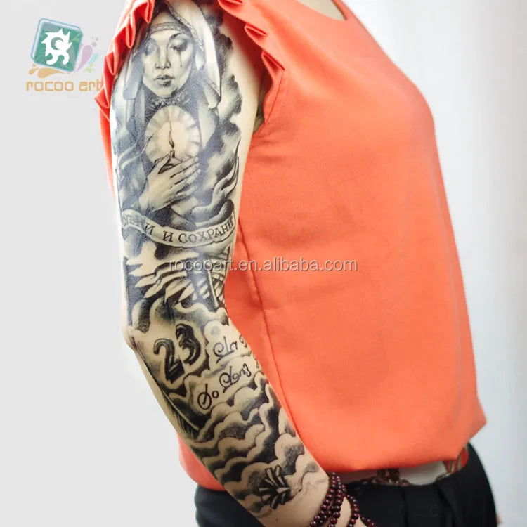 Non-Toxic Women Face Super Big Tattoos Sticker Fake Horror Skull Gun Full Arm Shoulder Temporary Body Tattoo Designs