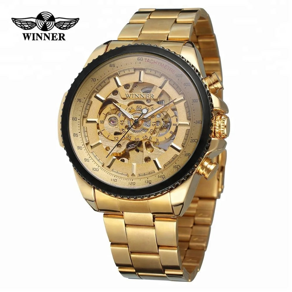 Guangzhou Relogio T Winner OEM Boys Stylish Gold Male  Watches Custom Luxury Mens Skeleton  Automatic Stainless Mechanical Watch