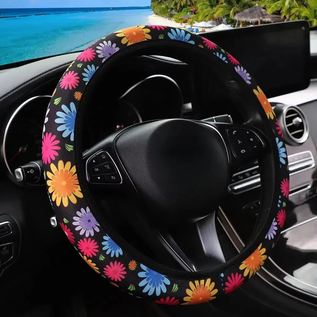 For 14.5-15INCH Flower Panda Spider Web Fabric Non-slip Car Steering Wheel Cover Without Inner Ring Car Accessories Suitable