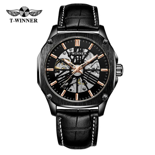 Winner Top Brand Mens Automatic Watch Rose Golden Hollow Skeleton Leather Wrist Watches Male Business Mechanical Clock Dropship