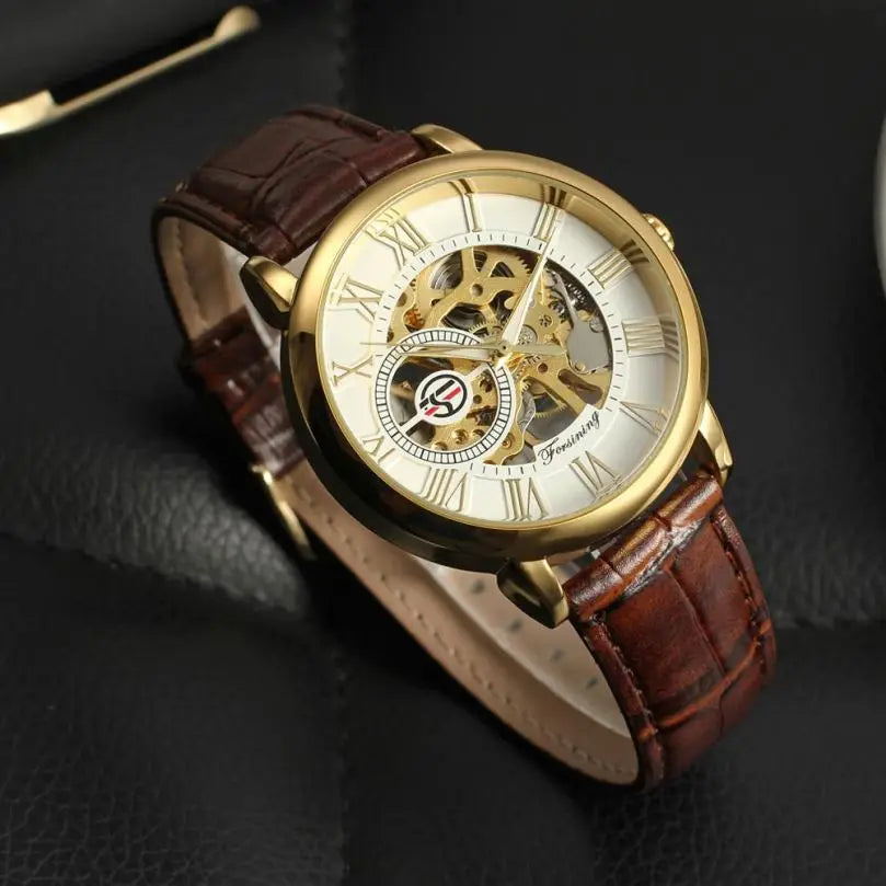 FORSINING 8099 Stylish Gold Gents Mechanism Watch Cool Leather Band World Time Automatic Skeleton Storage Hot Mechanical Watch