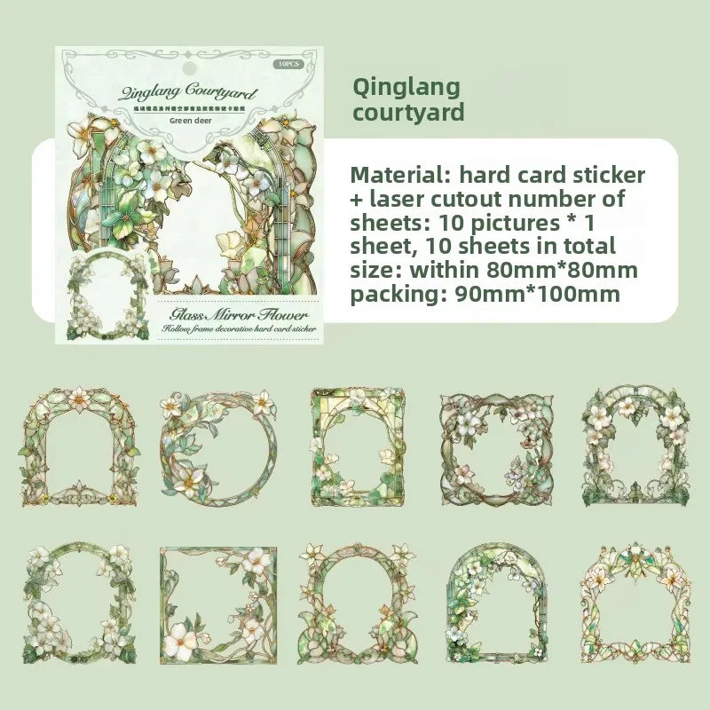 10pcs/pack Skeleton Colourful Window Border Decoration Hard Card Sticker Pack Glazed Mirror Flower Series Retro Flower Window