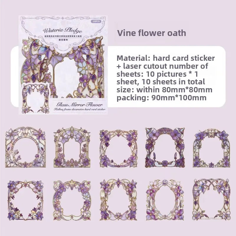 10pcs/pack Skeleton Colourful Window Border Decoration Hard Card Sticker Pack Glazed Mirror Flower Series Retro Flower Window