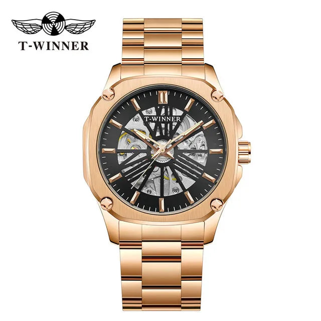 Winner Top Brand Mens Automatic Watch Rose Golden Hollow Skeleton Leather Wrist Watches Male Business Mechanical Clock Dropship