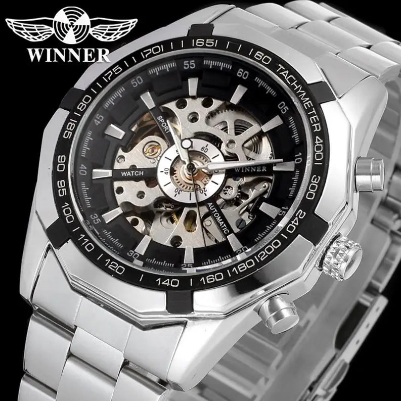 WINNER 8042 Presidential Silver Boys Mechanical Watch new Steel Strap Water Proof skeleton Automatic Gear Business Reloj Watch
