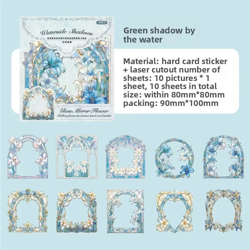 10pcs/pack Skeleton Colourful Window Border Decoration Hard Card Sticker Pack Glazed Mirror Flower Series Retro Flower Window