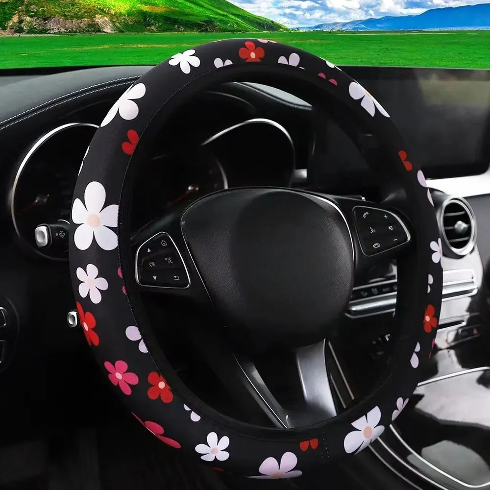 For 14.5-15INCH Flower Panda Spider Web Fabric Non-slip Car Steering Wheel Cover Without Inner Ring Car Accessories Suitable