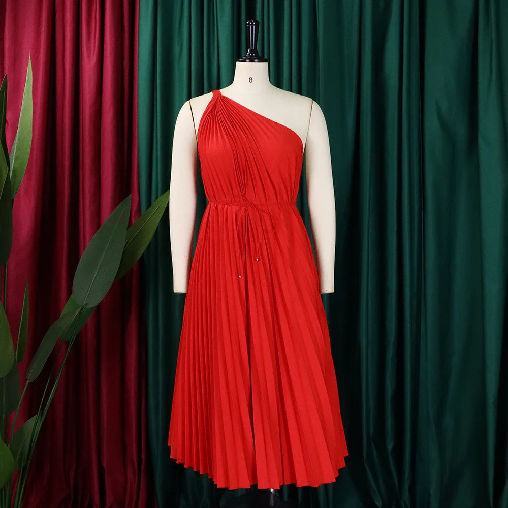 D3208 Latest Design Women Summer Dresses Slash Shoulder Big Swing Strap Pleated Dress Solid African Dresses for Women Clothing