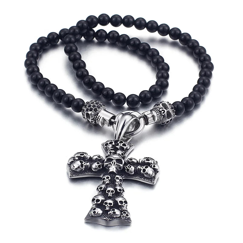KALEN African Glass Beads Chain Necklace With Skull & Cross Pendant