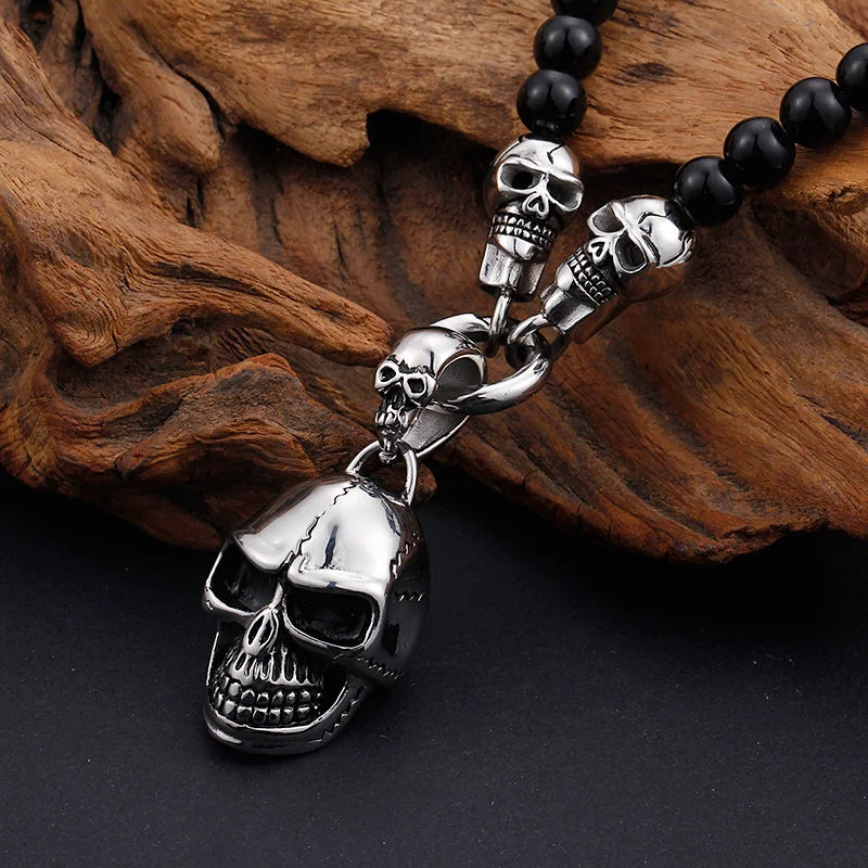 KALEN Men Fine Jewelry Necklace Punk Glass Bead Fashion Necklaces With Stainless Steel Skull Pendant