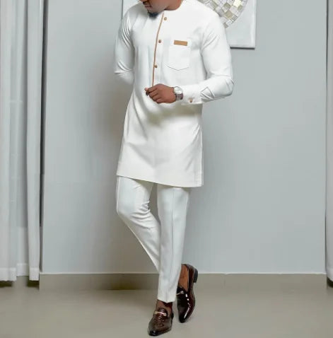 Men's Casual Dress African Ethnic Style Long Sleeved Embroidered Pants Suit Leisure Daily Wear