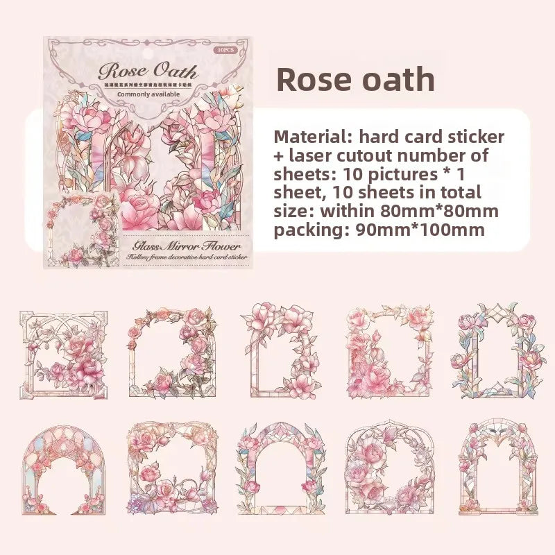 10pcs/pack Skeleton Colourful Window Border Decoration Hard Card Sticker Pack Glazed Mirror Flower Series Retro Flower Window
