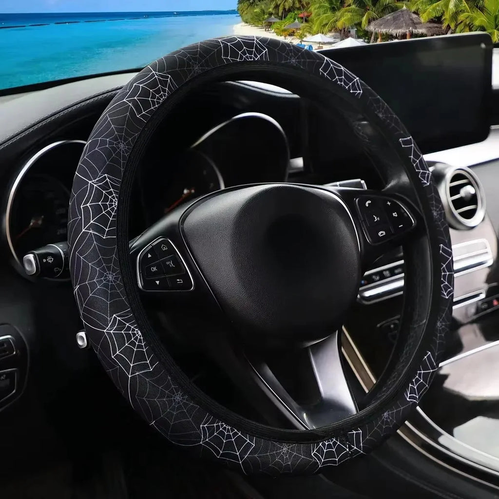 For 14.5-15INCH Flower Panda Spider Web Fabric Non-slip Car Steering Wheel Cover Without Inner Ring Car Accessories Suitable