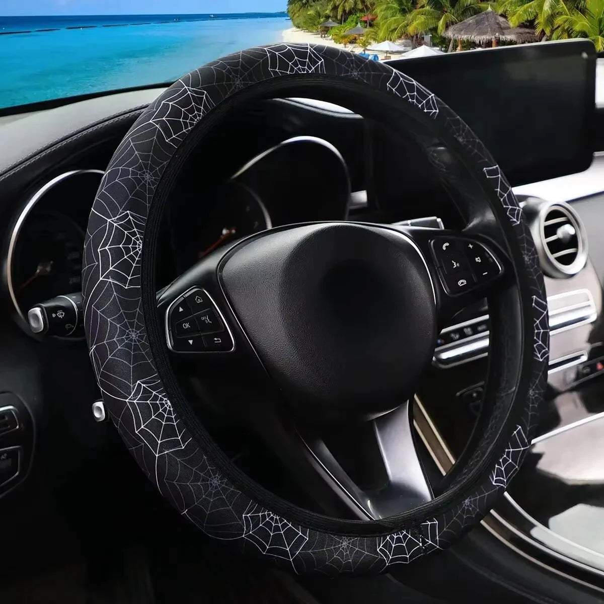 For 14.5-15INCH Flower Panda Spider Web Fabric Non-slip Car Steering Wheel Cover Without Inner Ring Car Accessories Suitable