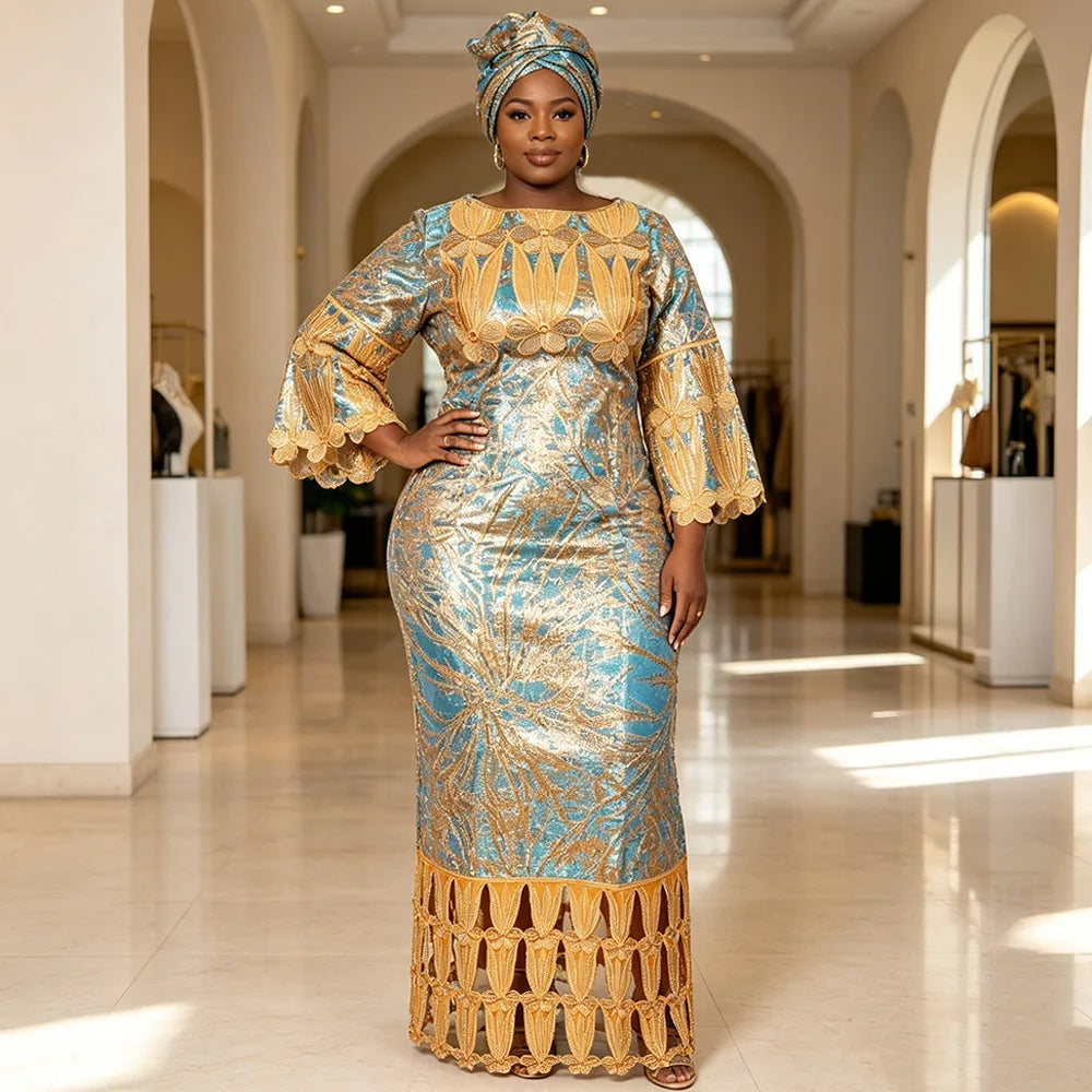 African Embroidery Middle East Plus Size Dashiki African Dress Abaya Women Dress Robe With Scarf