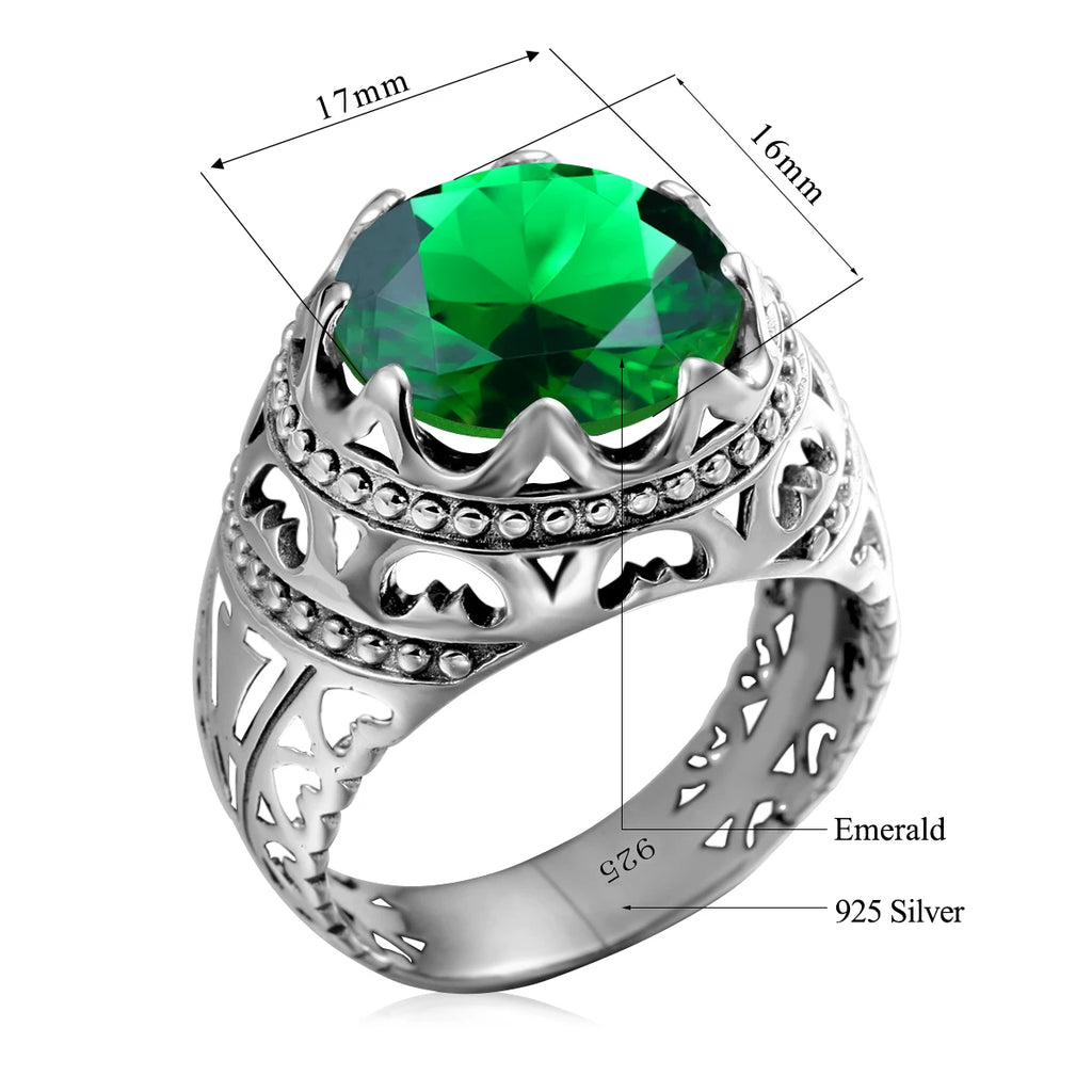 Vintage 925 Sterling Silver Men's Emerald Ring Gothic Punk Statement Jewelry Huge Gemstone Finger Rings for Men Custom Gift