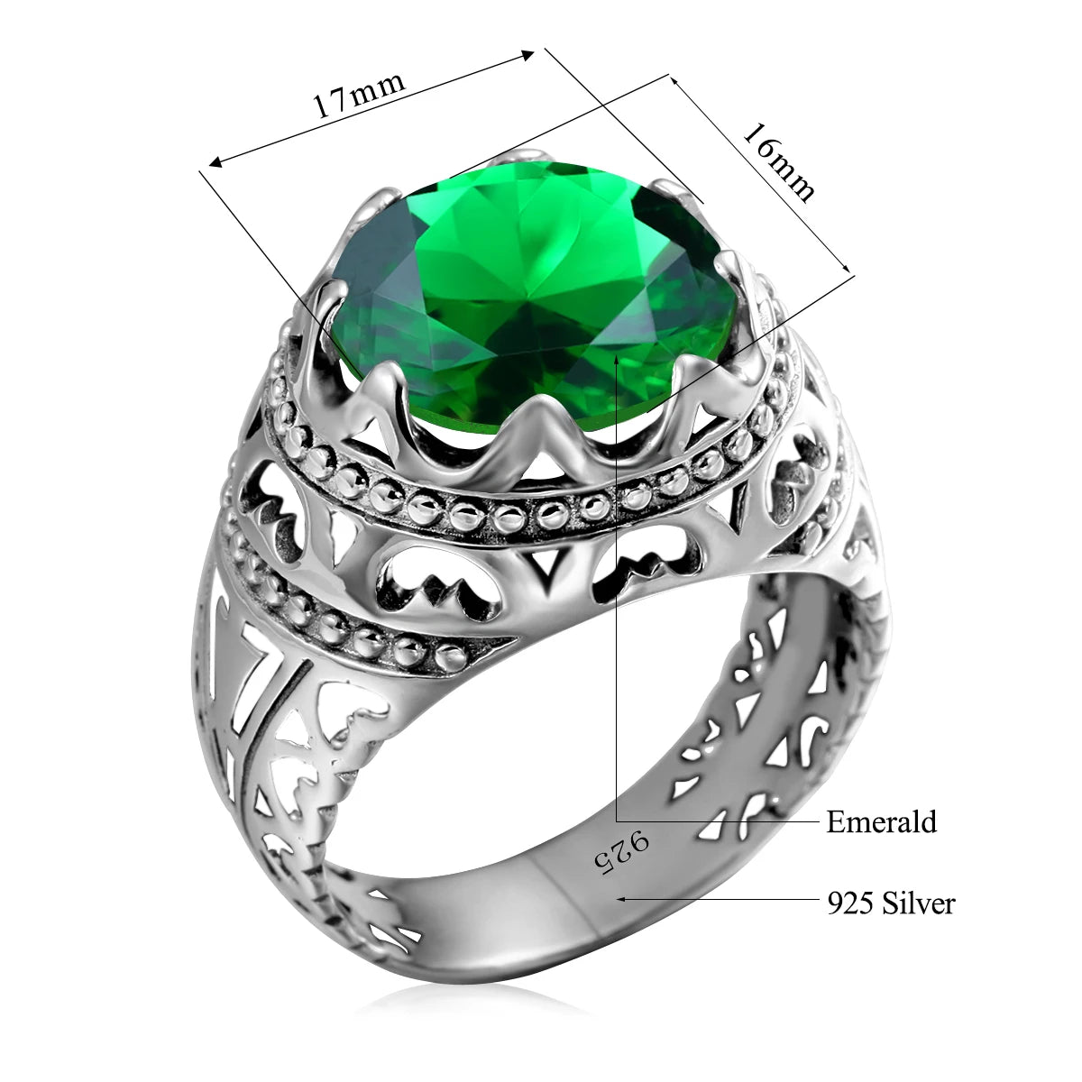 Vintage 925 Sterling Silver Men's Emerald Ring Gothic Punk Statement Jewelry Huge Gemstone Finger Rings for Men Custom Gift
