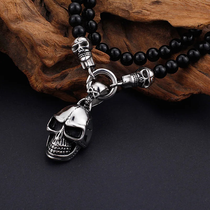 KALEN Men Fine Jewelry Necklace Punk Glass Bead Fashion Necklaces With Stainless Steel Skull Pendant