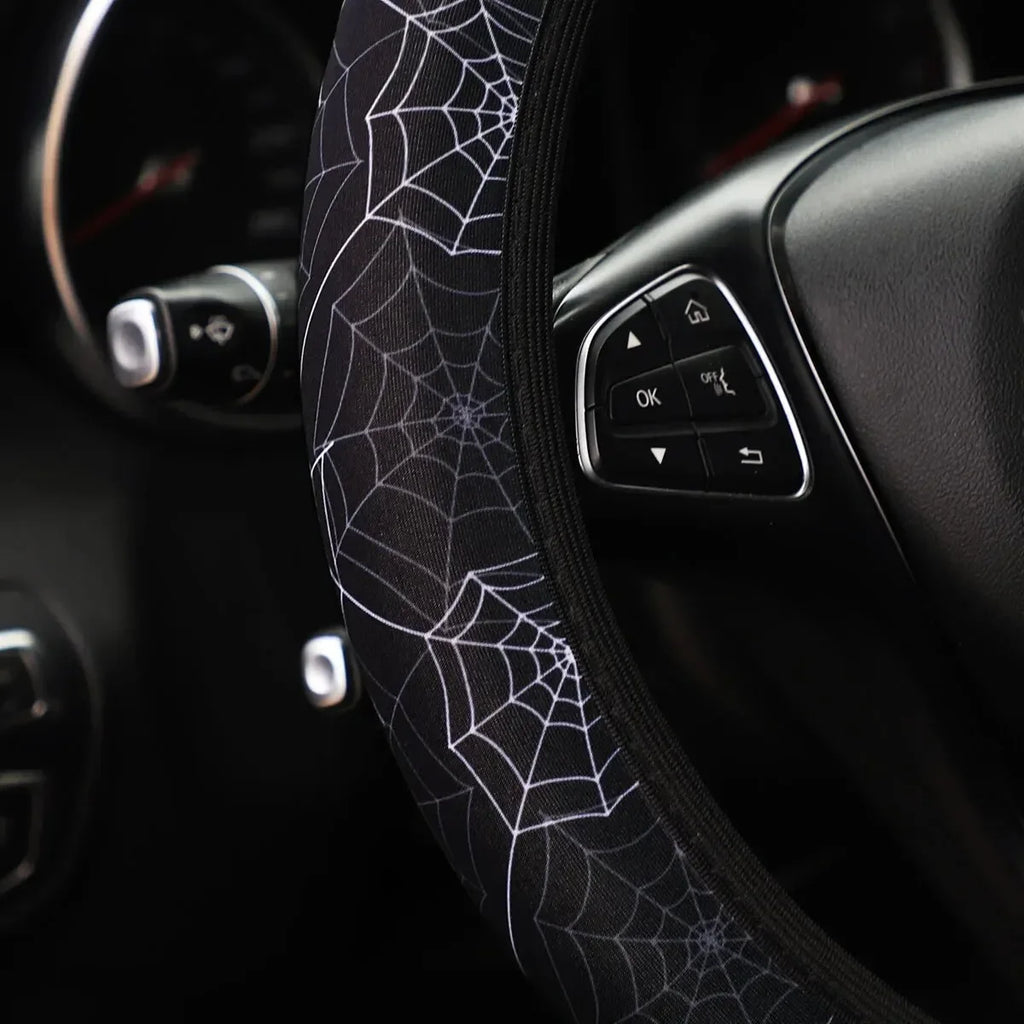 For 14.5-15INCH Flower Panda Spider Web Fabric Non-slip Car Steering Wheel Cover Without Inner Ring Car Accessories Suitable