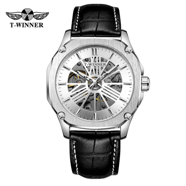 Winner Top Brand Mens Automatic Watch Rose Golden Hollow Skeleton Leather Wrist Watches Male Business Mechanical Clock Dropship