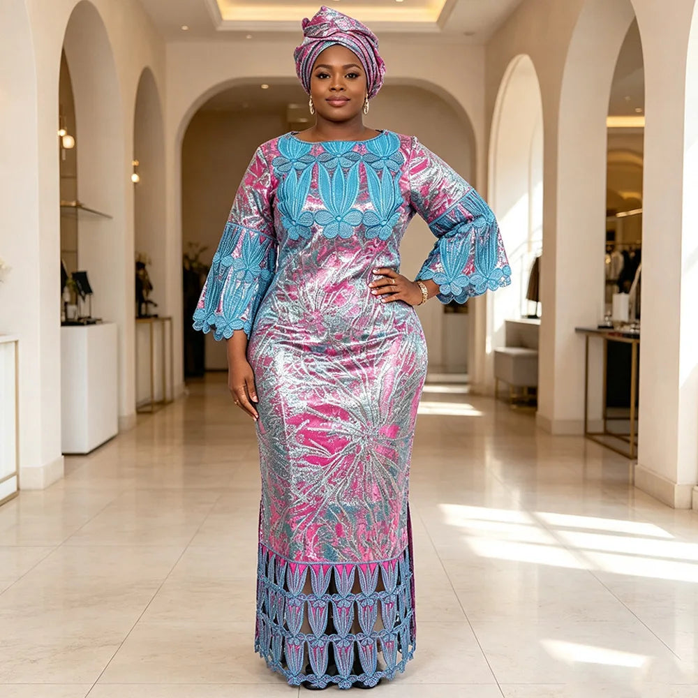 African Embroidery Middle East Plus Size Dashiki African Dress Abaya Women Dress Robe With Scarf