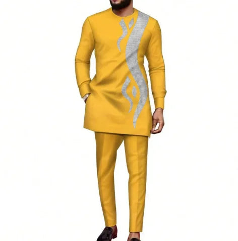 Men's Casual Dress African Ethnic Style Long Sleeved Embroidered Pants Suit Leisure Daily Wear