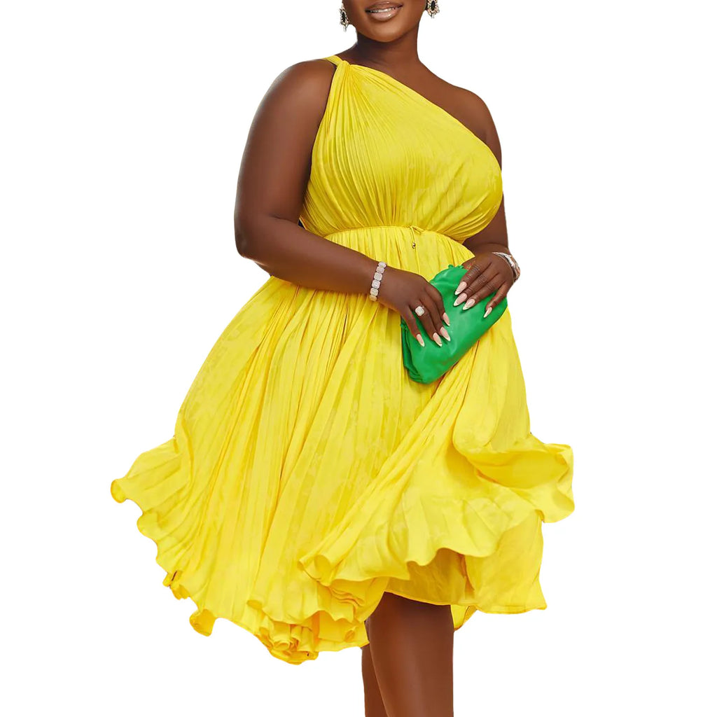 D3208 Latest Design Women Summer Dresses Slash Shoulder Big Swing Strap Pleated Dress Solid African Dresses for Women Clothing