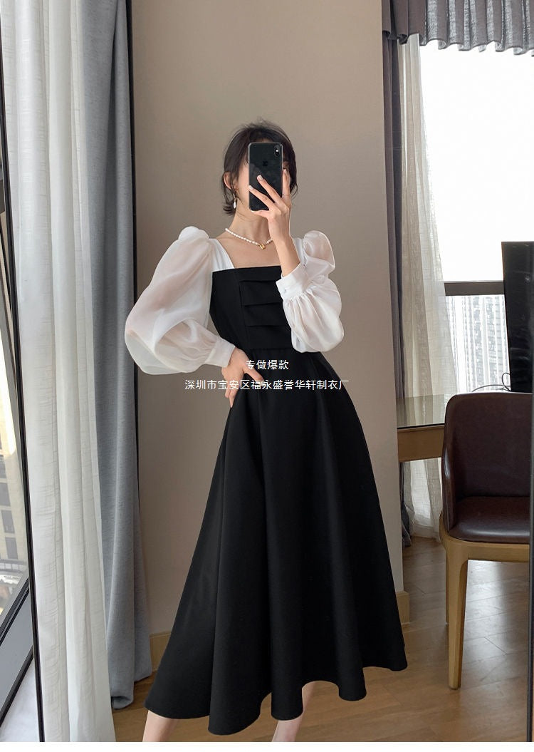 Long-sleeved Black Fried Street Hao Benfeng dress Women's New Spring and Autumn Stitching Square Collar French Skirt Vintage A- line Skirt