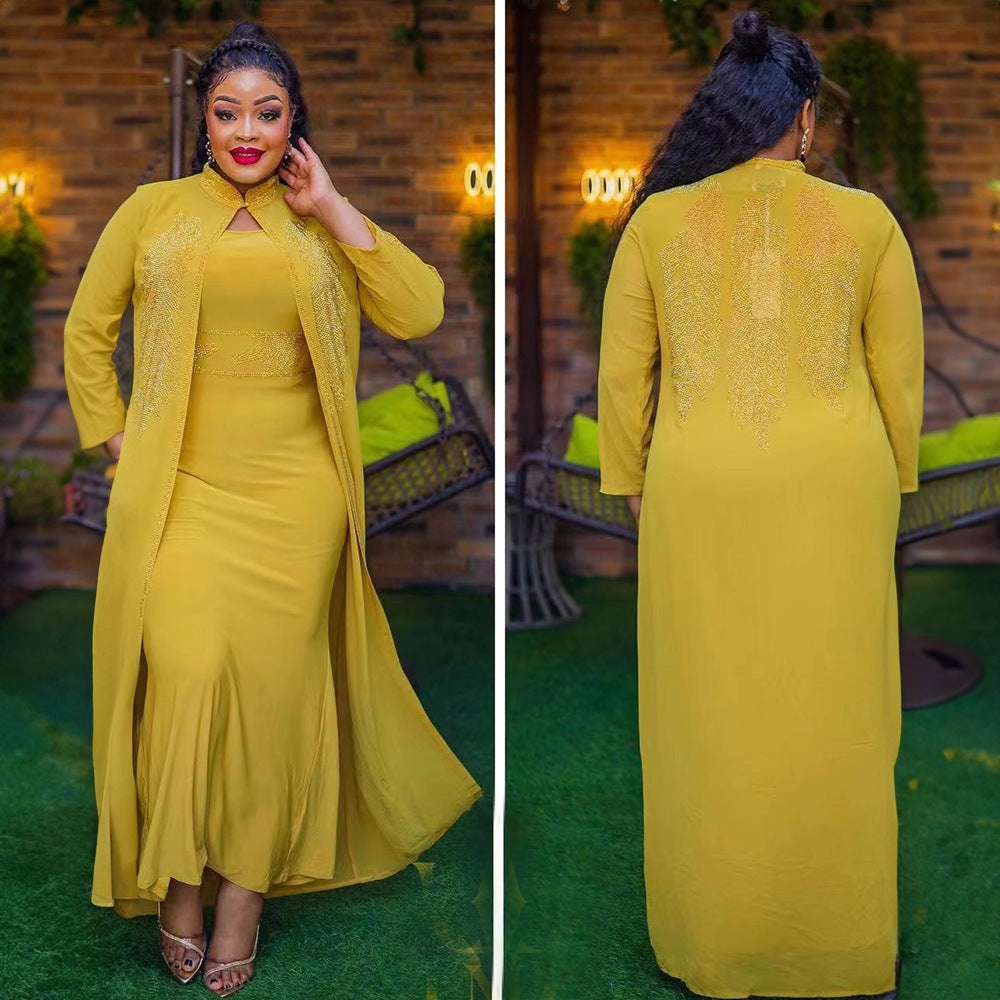 African Dress 2-Piece Set with Expensive Front and Back Rhinestones, Stand Collar, Long Sleeves, Solid Color Cardigan