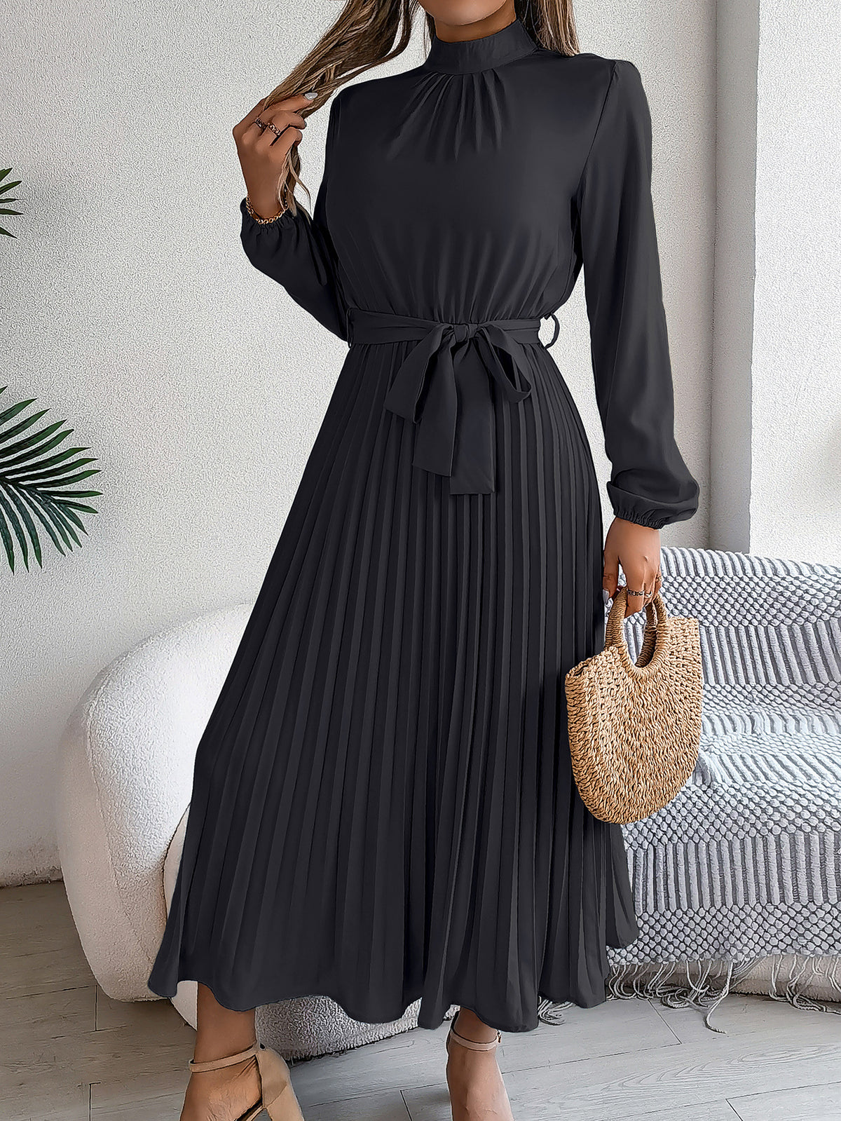 2026 European and American Spring/Summer Elegant Stand Collar Long Sleeve Waist-Cinched Pleated Long Dress Mini Dress Amazon Cross-Border Women's Clothing