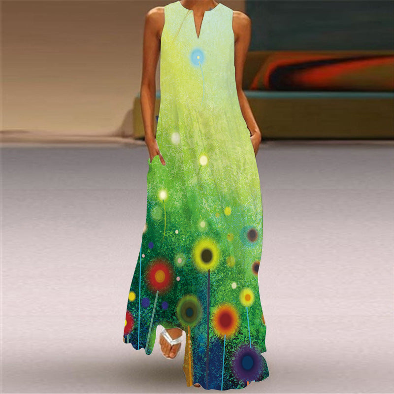 2026 Summer Independent Brand New European and American Retro Print Long Dress V-Neck Multi-Color Long Sexy Sleeveless Dress