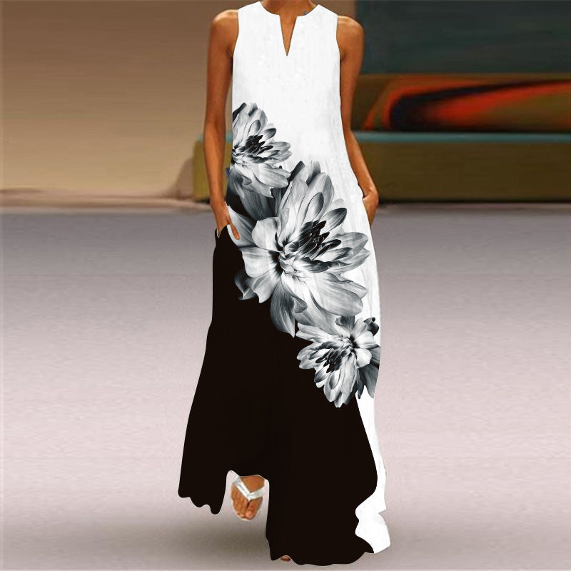 2026 New Summer Women's Sleeveless Long Dress V-Neck Floral Print Dress European and American Cross-Border Foreign Trade Women's Clothing