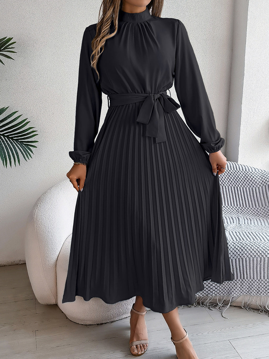 2026 European and American Spring/Summer Elegant Stand Collar Long Sleeve Waist-Cinched Pleated Long Dress Mini Dress Amazon Cross-Border Women's Clothing