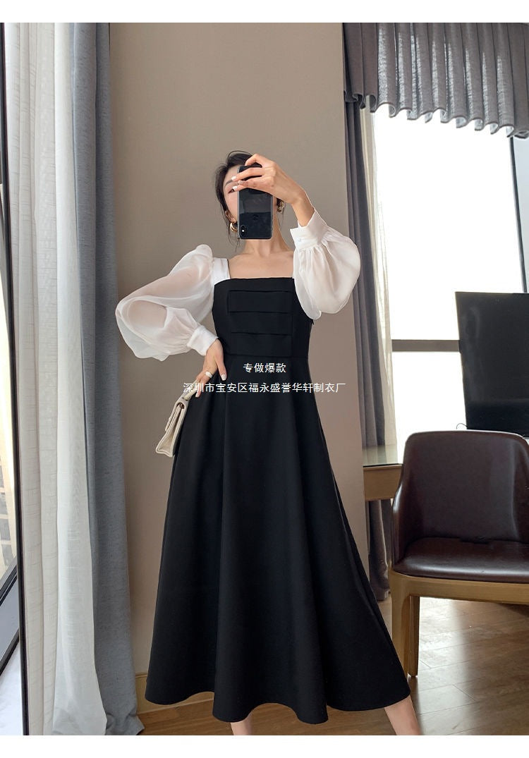 Long-sleeved Black Fried Street Hao Benfeng dress Women's New Spring and Autumn Stitching Square Collar French Skirt Vintage A- line Skirt